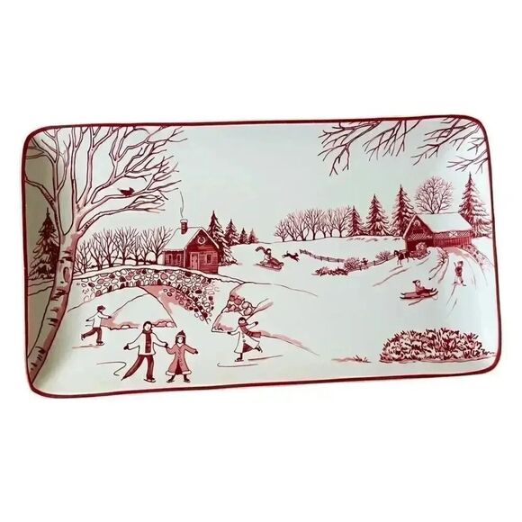 Toile De Jouy Winter Wonderland Red Ceramic for Santa's Cookie Platter - Picture 2 of 7